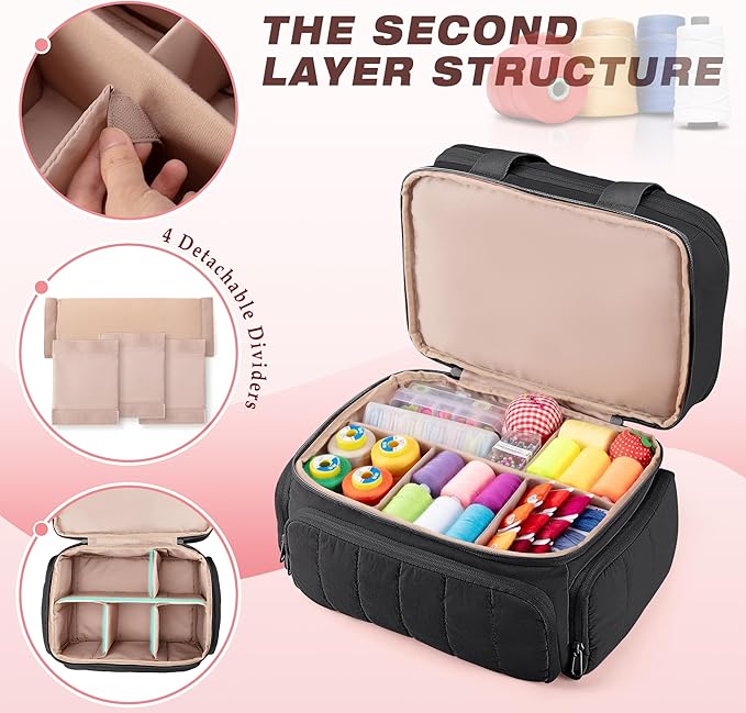 Puffer Sewing Organizer Bag, Large Capacity with Multiple Pockets and Detachable Dividers, Storage Box for Threads, Needles, Scissors, Craft Supplies, Black (BAG ONLY, NO SUPPLIES)