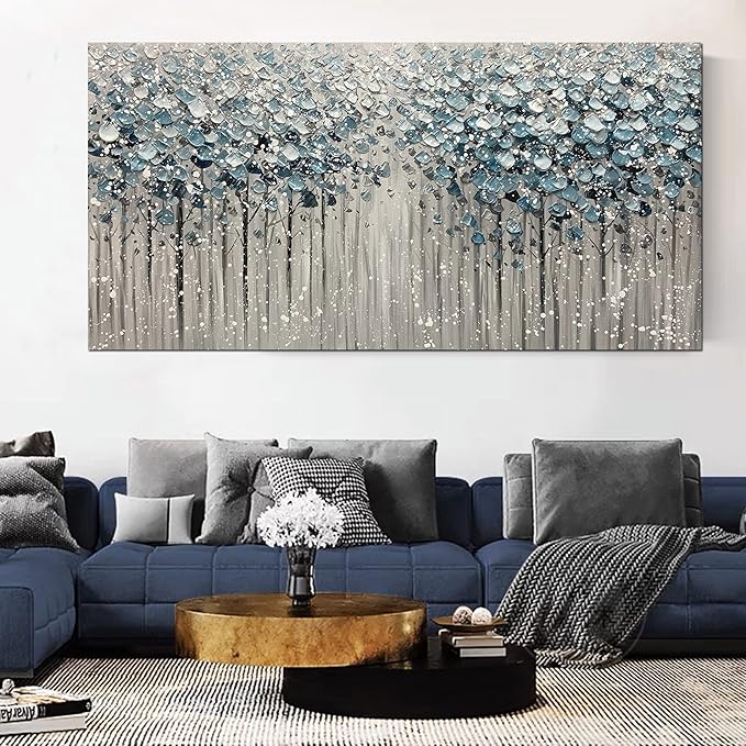 Yotree Paintings - 30x60 Inch 3D Oil Paintings on Canvas Blue Forest Heavy Texture Acrylic Painting Wall Art Wall Decoration Wood Inside Framed Hanging Ready to Hang