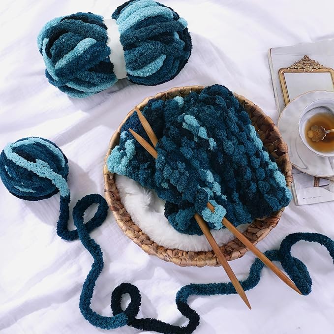 HOMBYS Blue Multi Chunky Chenille Yarn for Hand Knitting,Fluffy Soft Jumbo Yarn Crocheting,Super Bulky Big Yarn for Chunky Blanket,Large Thick Arm Knitting Yarn,8 Pack Plush Yarn
