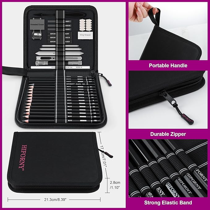 HIFORNY 42 PCS Drawing Set, Sketching Kit with Graphite & Charcoal Pencils, Blending Tools, Erasers & Accessories, Portable Zippered Travel Case for Artists & Beginners