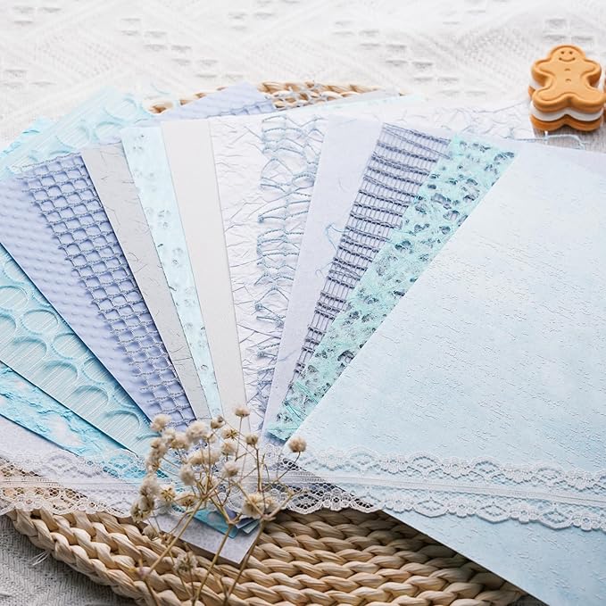 15Pcs Handmade Scrapbook Art Paper Craft Textured Paper Colorful A5 sheet Mesh Special Paper Mix for Scrapbooking Junk Journal Journaling Supplies DIY Materials,5.8x8.2 inches (Blue)