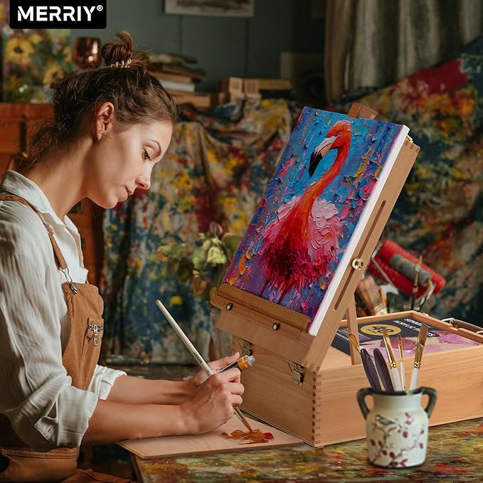 MERRIY 80-Piece Acrylic Paint Set, Artist Painting Supplies Kit with Tabletop Sketch Box Easel, 48 Colors Acrylic Paints,11"x 14"Stretched Canvas &More, Premium Acrylic Painting Set for Adults