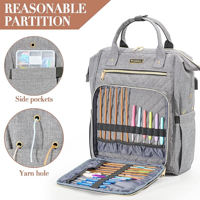 Knitting Bag Backpack, Crochet Bag Tote with USB Charging Port, Yarn Storage Organizer, Christmas Gifts Crochet Lovers Gift, Yarn Storage Tote Bag for Knitting & Crochet Accessories, Grey