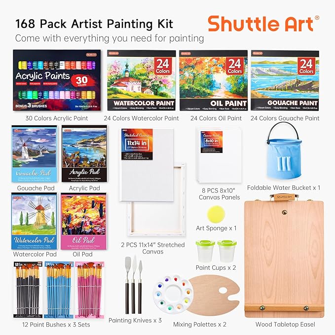 Shuttle Art 168 Pcs Artist Painting Kit, Deluxe Art Kit with Paint, Wooden Easel, Canvases, Paper Pads, Brushes and Other Art Supplies for Adults, Kids and Artists