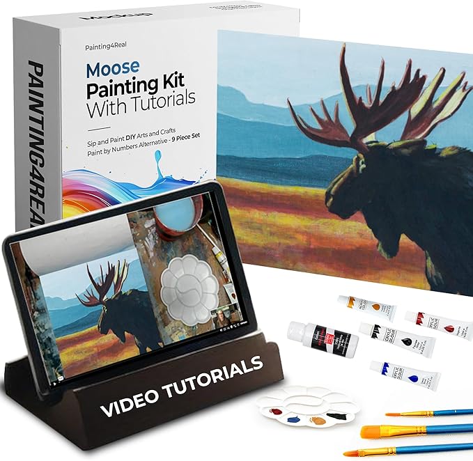 DIY Art Painting Kit for Adults – Learn to Paint Moose with Video Tutorials – 9 Pieces Acrylic Paint Set for Adults –Perfect Christmas Crafts & Holiday Gifts for Art Lovers