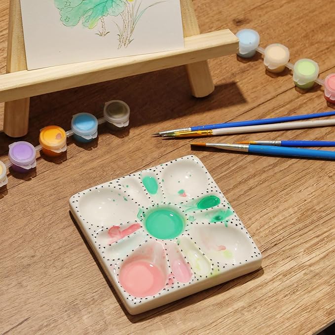 Ceramic Watercolor Palette - Whimsical Black Polka Dot Design with Slanted Paint Well, Premium Glazed Ceramic Artist Palette for Watercolor & for Various pigments