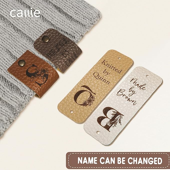 callie Personalized 10-100Pcs Leather Tags with Rivets - Custom Text & Initial, Handmade with Love Labels for Crochet Items, Gifts for Knitting Sewing Crafting Lovers