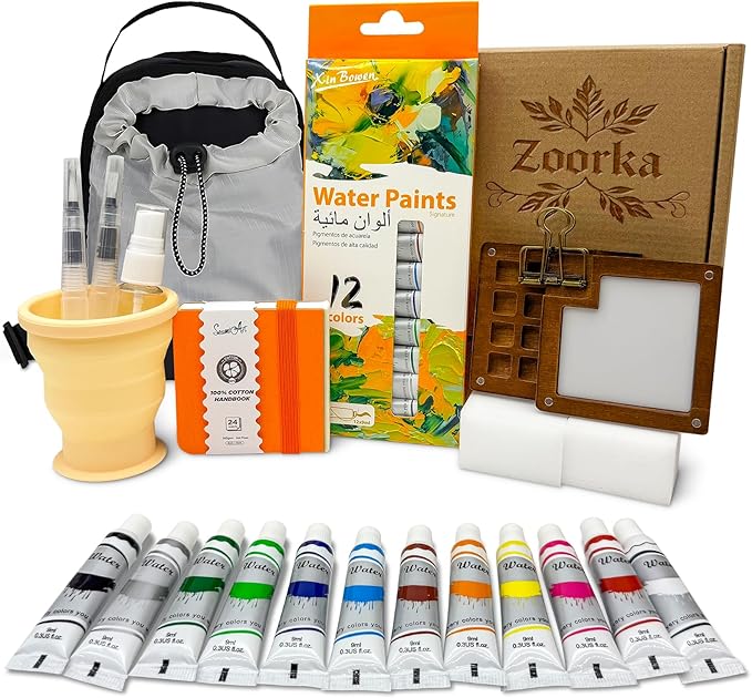 Zoorka Mini Watercolor Paint Set, Pocket Watercolor Set with 15-Well Walnut Wood Palette, Paints, Crossbody Bag, 100% Cotton Sketchbook, Paint Water Cup, Water Brush Ideal for Artists & Beginners