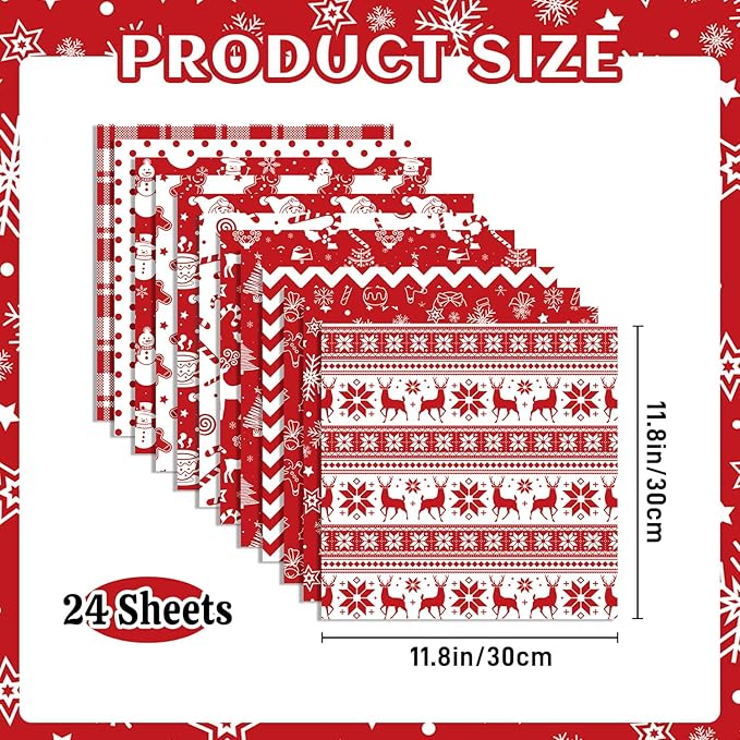 24 Sheets Christmas Scrapbook Paper 12'' × 12'' Double-Sided Xmas Red Pattern Paper Decorative Art Cardstock for Holiday DIY Crafts Card Making Scrapbook Supplies