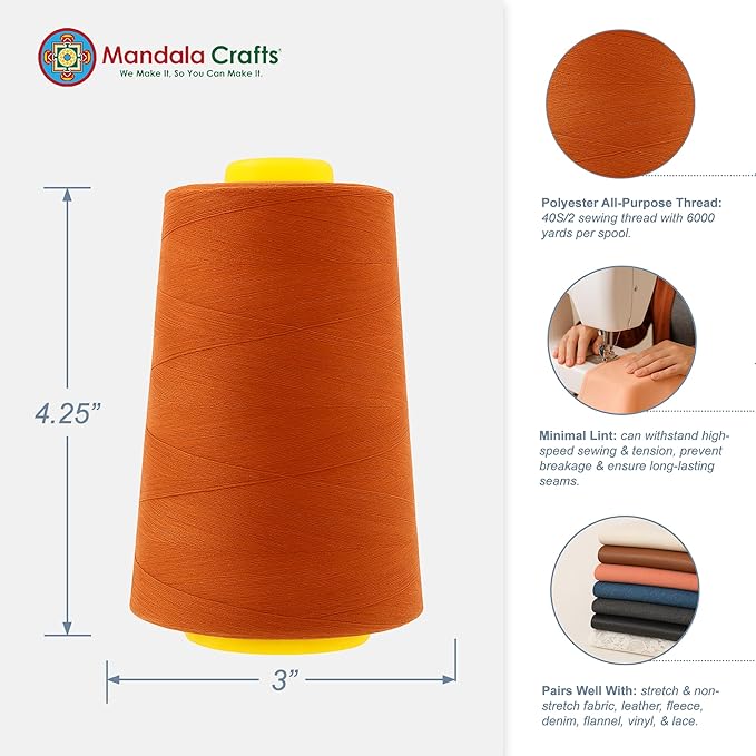 Mandala Crafts 4 Pack of Serger Threads Cones Spools - 40S/2 24000 Yards Polyester Burnt Orange Threads for Sergers Machine and Overlock Quilting Sewing Machine