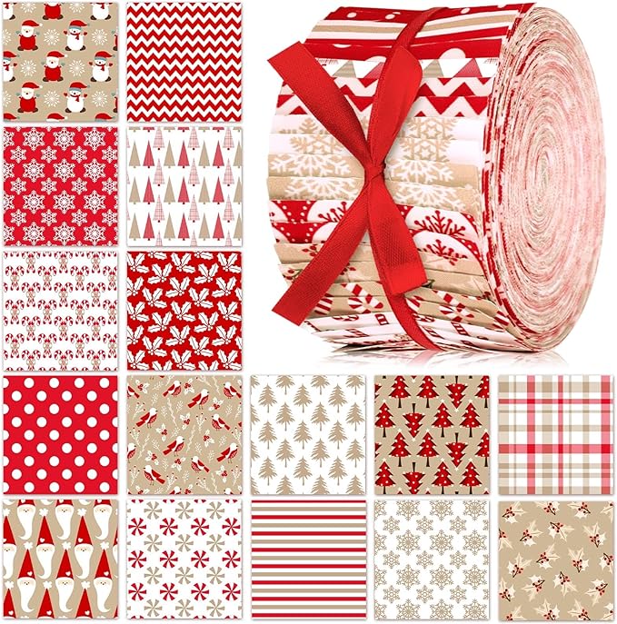 40 Pcs Hot Cocoa Christmas Quilting Fabric Roll 2.56 Inch Precut Fabric Squares Jelly Patchwork Snowflake Red Cardinal Plaid Strips Materials for Winter Xmas Holiday Craft Sewing Panels DIY
