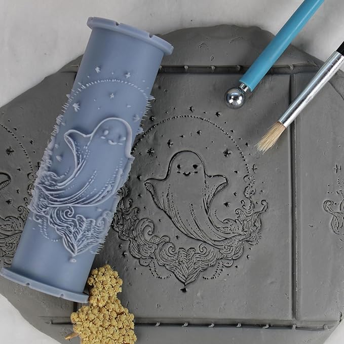 Happy Ghost Clay Texture Roller (4") - Halloween Set #01 - Embossing Pattern Roller for Polymer & Ceramic Clay, Pottery & Crafts