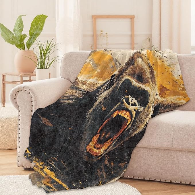 Cool Gorilla Throw Blanket – Wild Jungle Animal Design, Cozy Warm Flannel Blankets, All Season Use, Kids Boys Men Gifts, 50x60in, Sofa Office Dorm Travel RV Farmhouse Decoration
