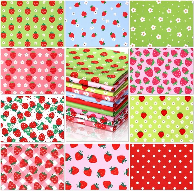 Hahafelt 10 Pcs Strawberry Quilting Fabric 18 x 22 Inch Strawberry Precut Fabric Squares Quilted Multi Color Floral Printed Patchwork Supplies for Holiday Patchwork DIY Sewing Crafts