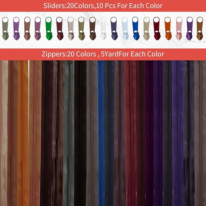 WILLBOND 100 Yards 20 Pcs Sewing Zippers Bulk #5 Nylon Coil Zippers 20 Color Assorted Zipper for Sewing with 200 Zipper Sliders for DIY Tailor Bags Purses Crafts Supplies(Retro Color)