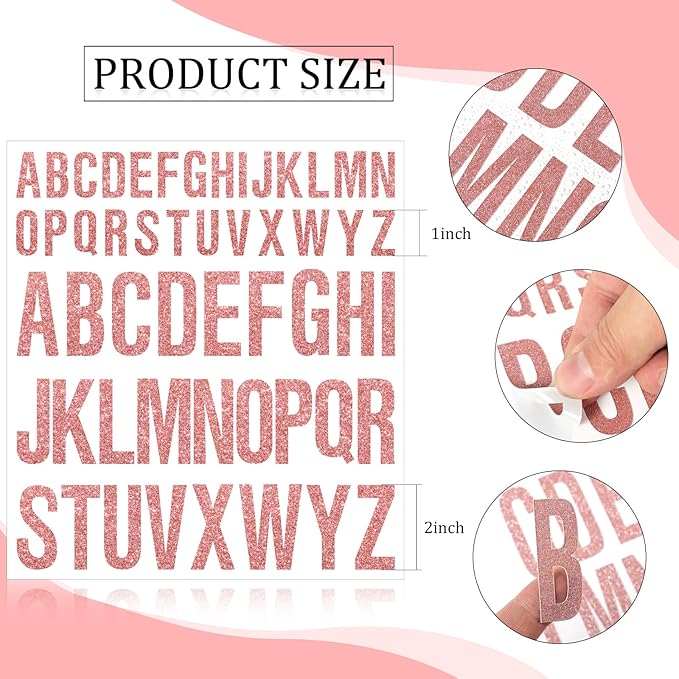 8 Sheet Glitter Letter Stickers Vinyl Alphabet Stickers Waterproof Self Adhesive Stick on Letters for Poster Bulletin Board Mailbox School Classrooms Decor(1 Inch, 2 Inch,Rose Gold)