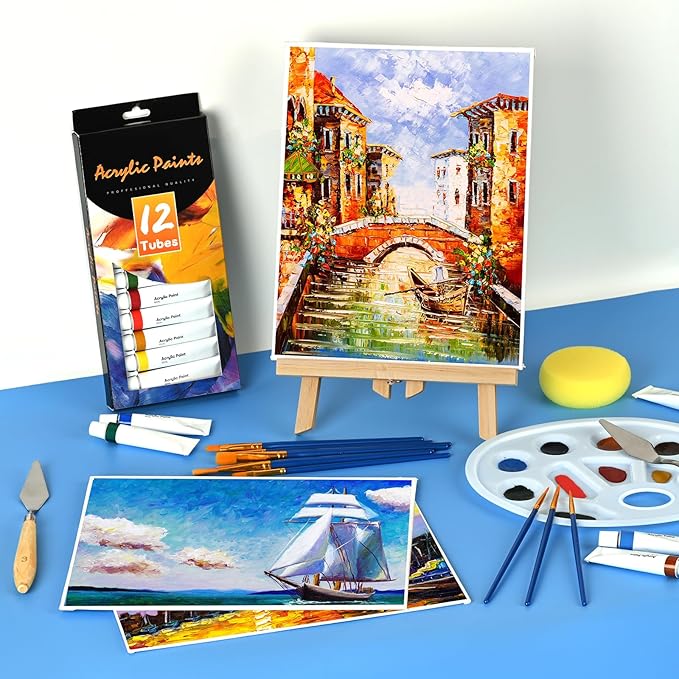 ACKASK Painting Kits for Adults Kids,Acrylic Paint Canvas Easel Set,30 Pcs Drawing Painting Supplies Art Kit,12 Paints,10 Painting Brushes,Palettes Etc,Art Set Art Supplies for Kids Adults Artists