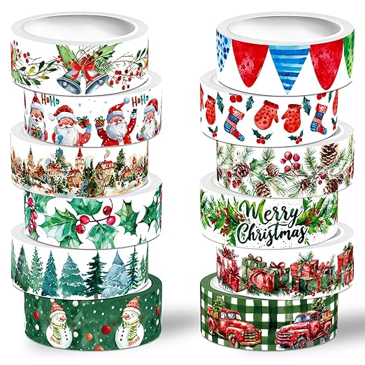 Christmas Washi Tape Set,12 Rolls Floral Watercolor Plants Decorative Tape Santa Claus Snowman Gift Masking Tape for Journaling Supplies,Journal, Scrapbooking,DIY Arts & Crafts,Gift Wrapping