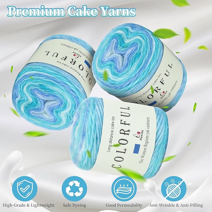 Aeelike Gradient Yarn for Crocheting, 3 Skeins Cake Yarns 100g (3.52 oz) 245m (267 Yards) # 3 Light Weight - Super Soft Ombré Fairyland Yarns for Making Colorful Crafts, Blue Green Gradient