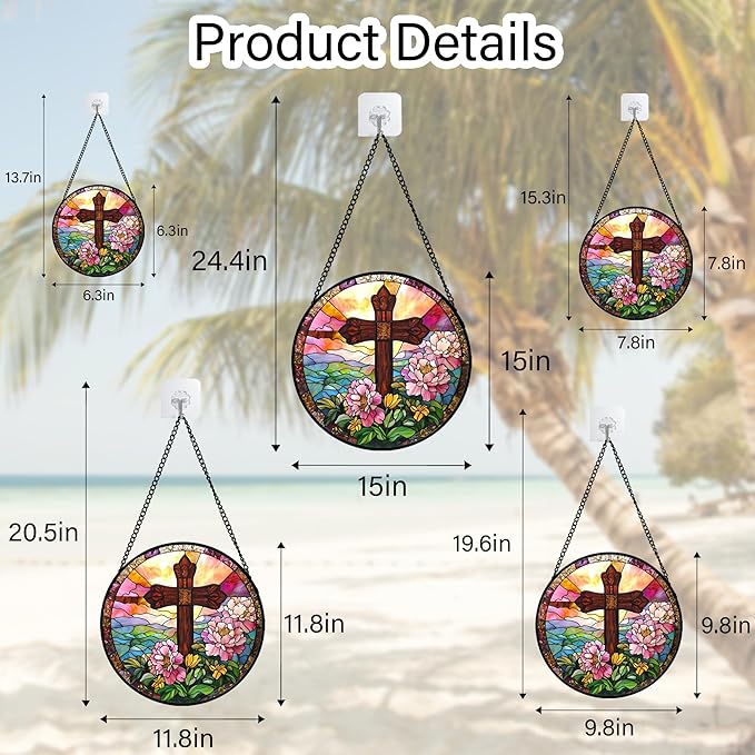 Christian Gifts for Women - Cross Stained Glass Window Hanging Jesus Easter Pink Flower Peony Sun Catcher Garden Religion Decor Mother's Day Catholic Gift for Men Grandma Mom Her Nana 9.8"