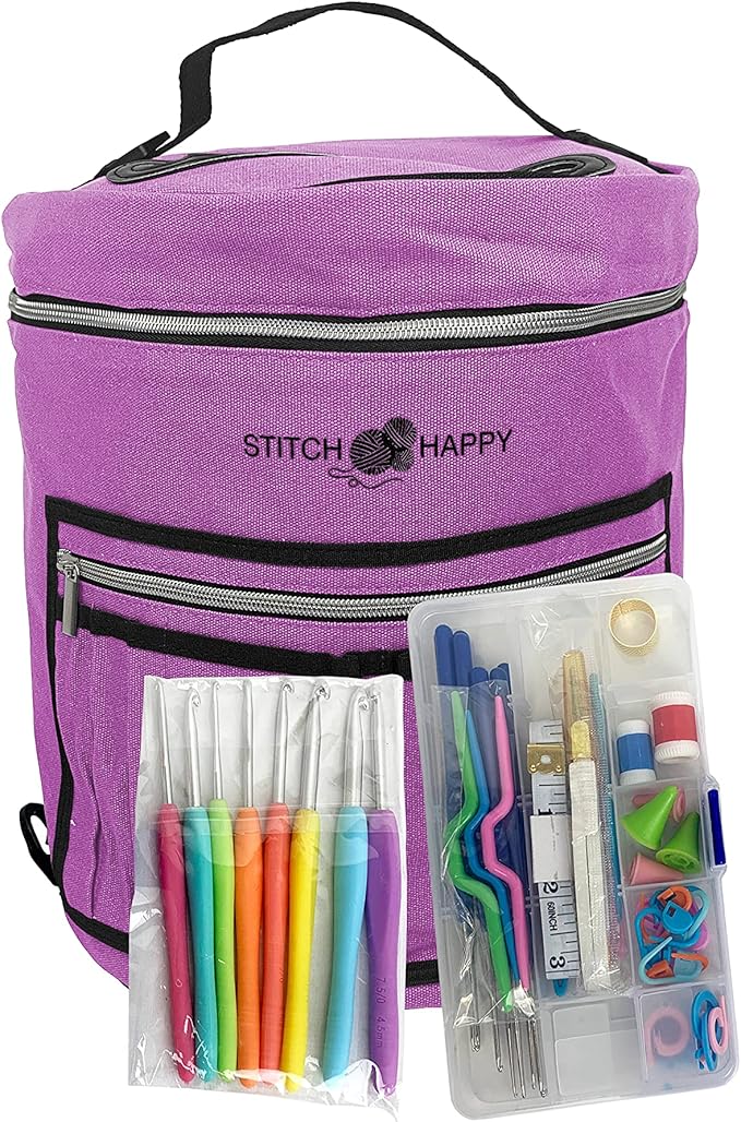 Designer Stitch Happy Crocheting Kit: 52 Piece Crochet Kit for Beginners & 7 Pocket Yarn Bag, Signature Yarn Storage - Lilac