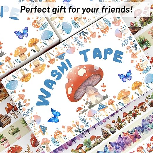 Washi Tape Set 13 Rolls - Mushroom Butterfly Floral Decorative Tape, Colored Masking Tape for Scrapbooking Supplies, Bullet Journal Supplies, Junk Journal, DIY Crafts Art