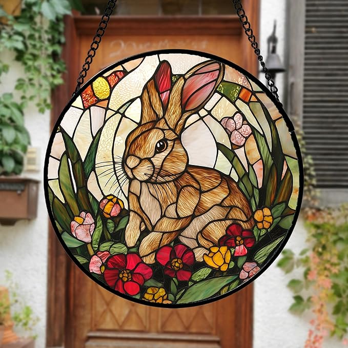 Stained Glass Window Hanging, Cute Bunny Flowers Sun Catcher for Window Door Home Decor, Rabbit Suncatcher Christmas Mother's Day Birthday Gifts for Women Men Mom and Nana 7.8 in