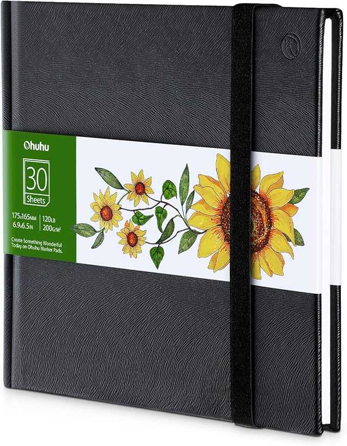 Marker Pads Art Sketchbook, Ohuhu 120LB/200GSM Heavy Smooth Drawing Papers, 30 Sheets/60 Pages, Hardcover Sketch Book, Specially Designed for Alcohol Markers (6.9" x 6.5")