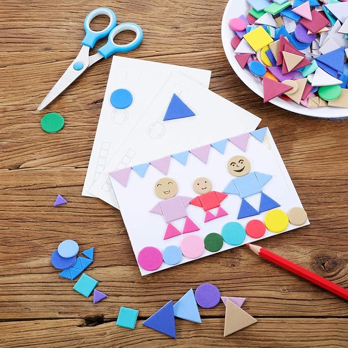 Sumind 1000 Pieces Foam Shape Stickers Self Adhesive Felt Shape for Kids Crafts Mini Arts and Crafts Geometric Foam Stickers Preschool Assorted Colors (Circle, Square, Triangle)
