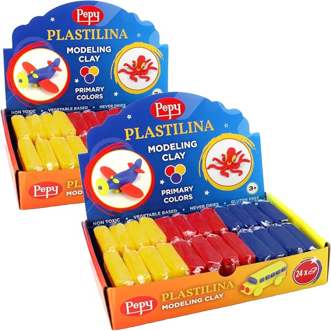 Pepy Plastilina Reusable and Non-Drying Modeling Clay; Set of 48 Bars, 1.4 Ounce Each, 16 Each of 3 Colors, Perfect for Arts and Crafts Projects, Primary Colors …