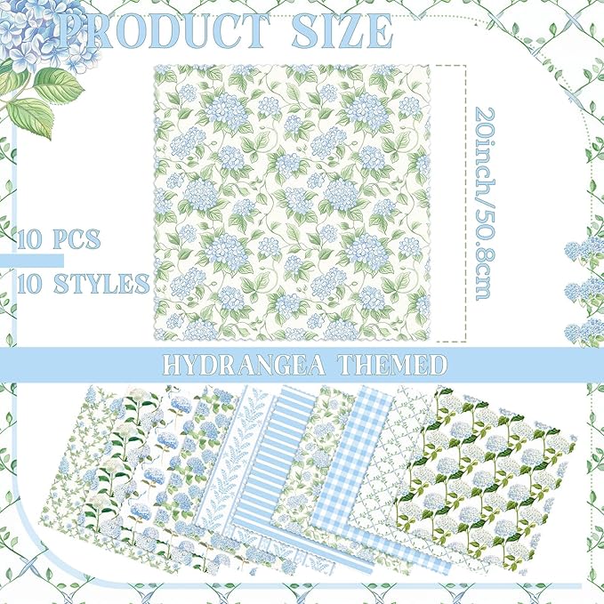 Hahafelt 10 Pcs Spring Hydrangea Quilting Fabric Bundles 20 x 20 Inch Dusty Blue Hydrangea Floral Squares Quarters Fat Fabric by The Yard Sewing Precut Patchwork for Spring Summer DIY Craft Decor