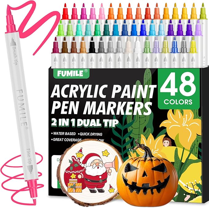 FUMILE 48 Colors Dual Tip Acrylic Paint Pens,Paint Markers With Extra Fine Tip and Brush Tip for Wood, Rock, Glass, Ceramic, Canvas, Paper.Paint Markers for DIY Craft,Pumpkin and Christmas