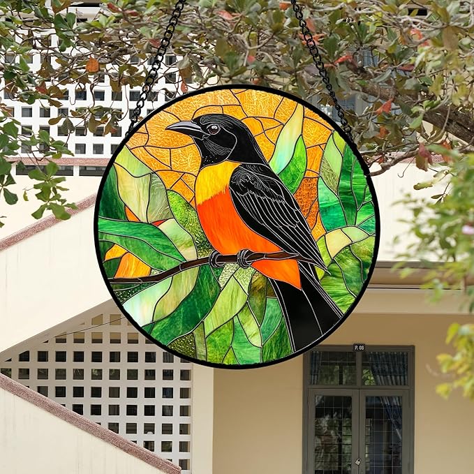 Stained Glass Window Hanging 4 Pcs Set Birds Large 15" - Cardinal Blue Jay Suncatcher Door Garden Sun Catcher Decor Birthday Christmas for Bird Lovers Mom Woman Nana Men