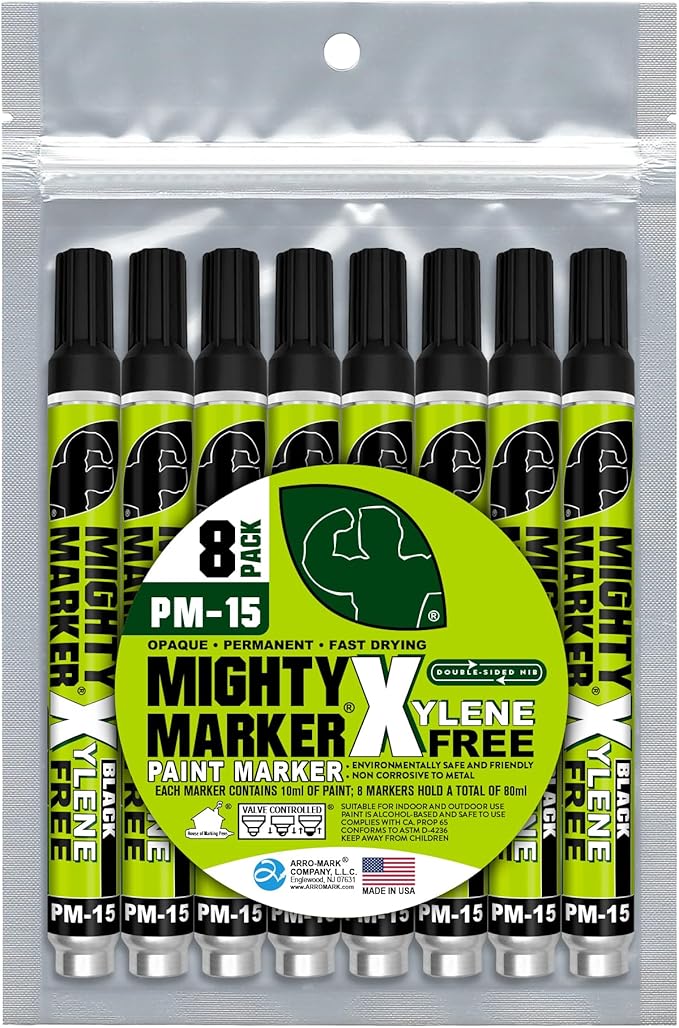 PM-15, Eco-Friendly Paint Marker, Alcohol-Based & Xylene-Free, Waterproof & Permanent, 10ml, 2.3mm Tip, 8 Bonus Tips, Made in USA, Black 8 Pack