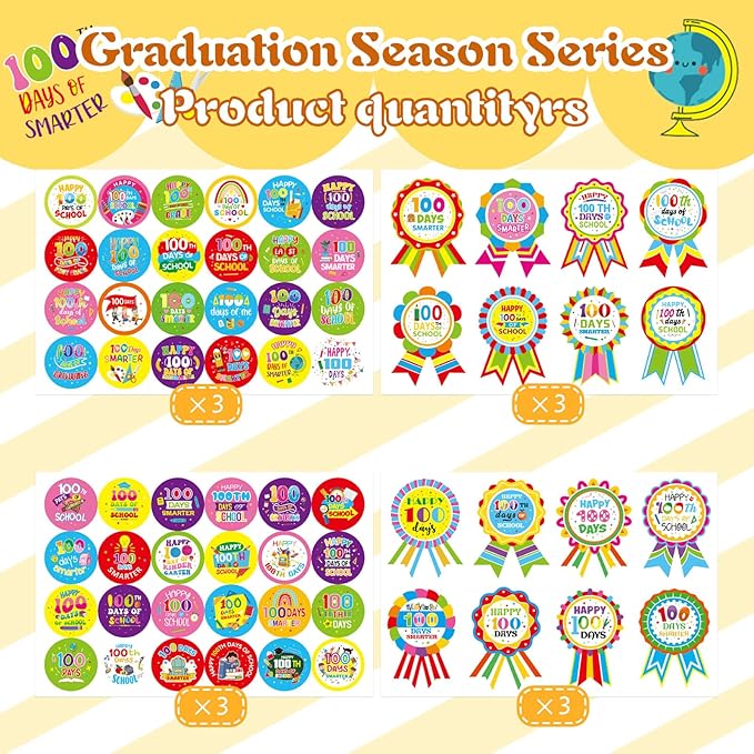 192 PCS Happy 100 Days of School Stickers for Kids, 100th Day Smarter Badge Reward Stickers, Teacher Reward Smarter Sticker School Party Favors