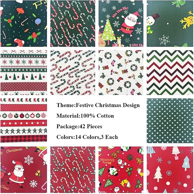 Christmas Charm Pack Fabric Squares,5x5 Inch Pre-Cut Quilting Bundle with Holiday Festival Patterns for Quilting, Sewing, DIY Christmas Crafts(42Pcs)