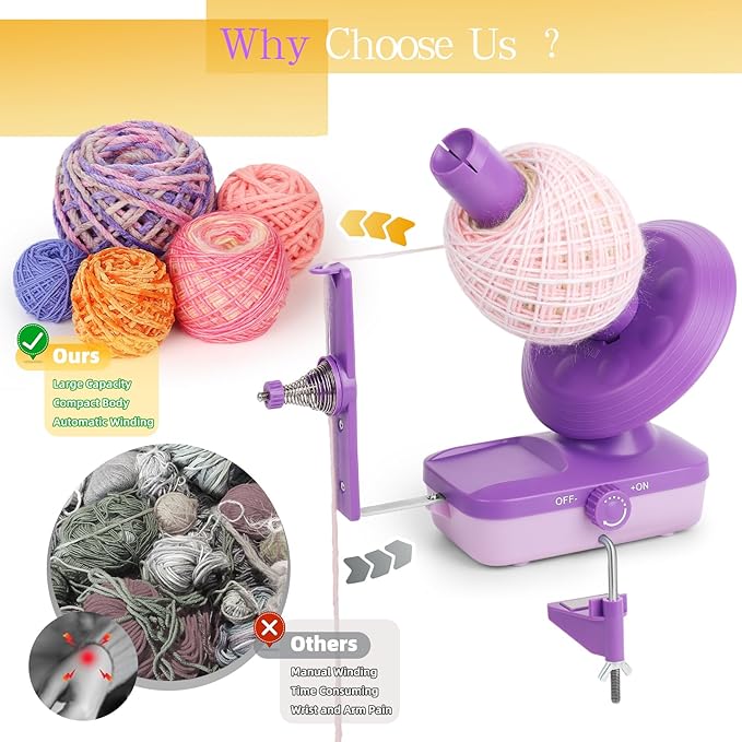 Electric Yarn Winder for Crocheting-Automatic Crochet Yarn Ball Winder for Perfect Neat Cakes-Stepless Speed with Strong Tension, Tangle-Free Knitting Gift for Seniors with Arthritic Hands(Purple)