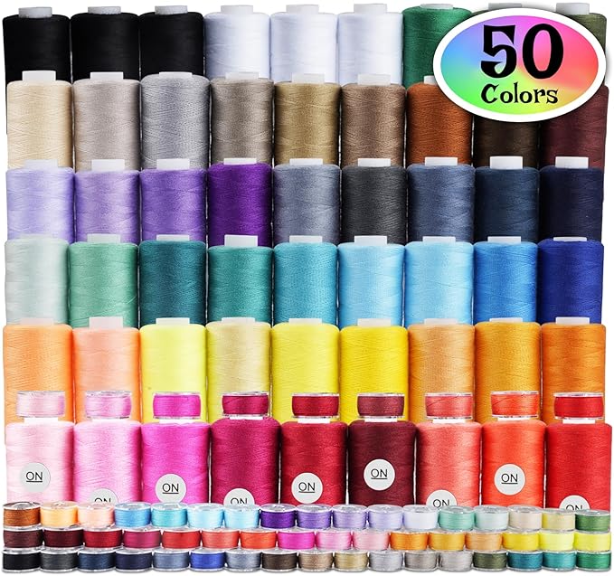 ilauke 50 Colors Sewing Thread, 124 Pcs Bobbins Threads Kit, 500 Yards per Thread Spools for Sewing Machine, Brother Singer Janome Machine and Hand Quilting