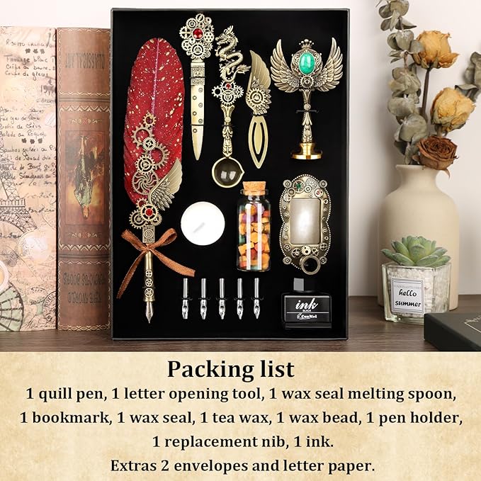 Quill Pen Ink Set with Wax Seal,Feather Quill Pen, a Collision of Punk and Retro Styles, both Calligraphy Pen Set and Wax Seal Stamp Kit, Suitable for Calligraphy Lovers of All Ages (Red)