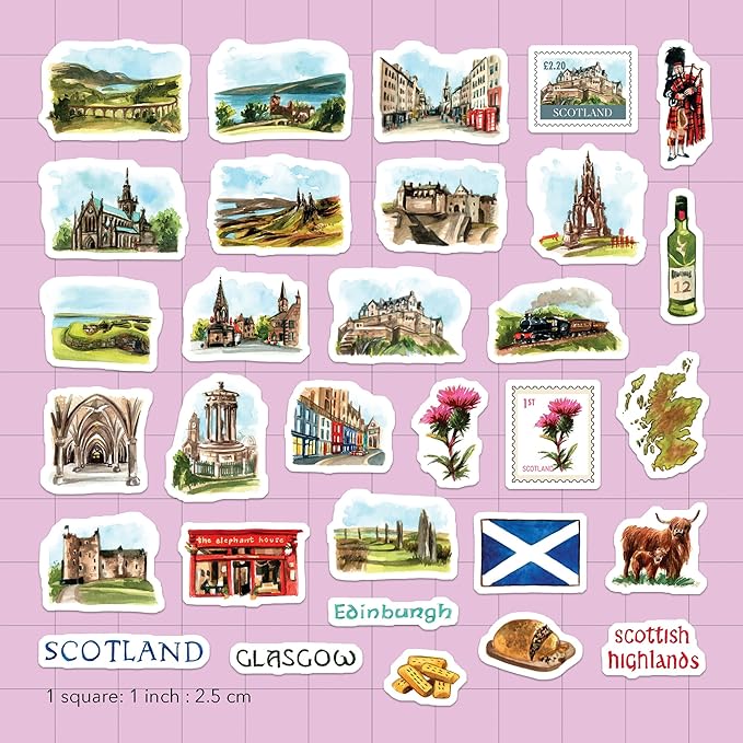 Navy Peony Spectacular Scotland Travel Stickers (31pcs) - Watercolor, Waterproof, Scottish Themed Vacation Decals for Journals, Scrapbooks, Tumblers