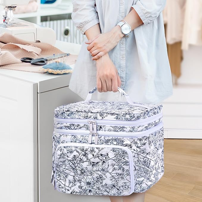 AMOIGEE Double-Layer Sewing Organizer Storage Bag with 2 Detachable Pouches, Large Quilted Sewing Basket for Supplies & Tools, Portable Travel Sewing Kit Case, Gift for Mom(Bag ONLY)