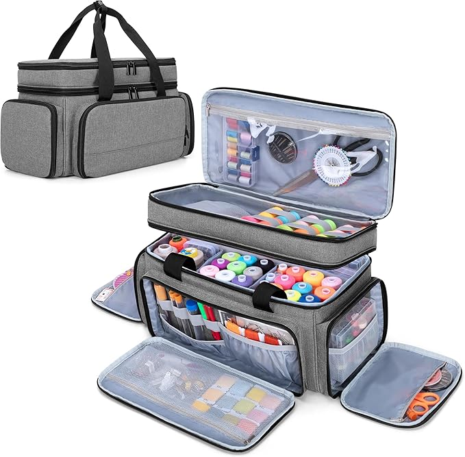 LUXJA Large 2 Layers Sewing Organizer Bag with 5 Detachable Dividers, Sewing Storage Bag for Sewing Supplies (Bag Only), Gray
