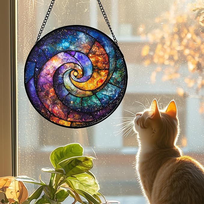 Stained Glass Window Hanging, Blue Orange Starry Sky Sun Catcher for Door Terrace Garden Home Decor, Abstract Universe Suncatcher Birthday Gifts for Lovers Women Men Dad Mom Nana 7.8 in