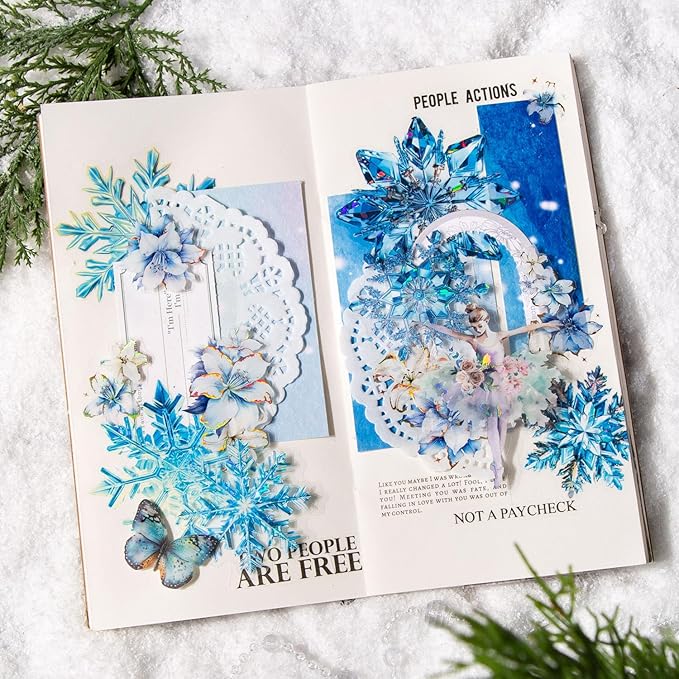 Yoksas Holographic Ice Crystal Snowflake Stickers - 60 Pcs Large Clear Snowflake Stickers for Scrapbooking, Journaling, Planners, Resin Art Supplies