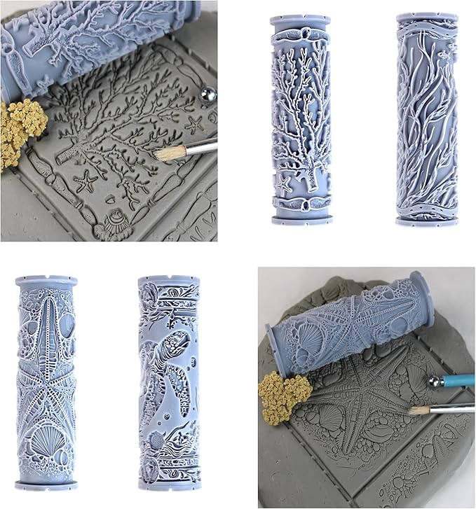 Tidepool Collection Clay Texture Rollers 4-Pack (4") - Ocean Set #01 - Embossing Pattern Rollers for Polymer & Ceramic Clay, Pottery & Crafts