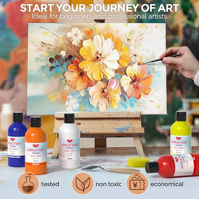 18 Colors Large Acrylic Paint Set (8.45 oz, 250 ml), Bulk Acrylic Paint Non-Toxic Art Painting Supplies on Multi Surface Canvas Wood Craft Fabric Rock for Artist Beginner with Color Wheel