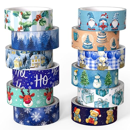12 Rolls Winter Washi Tape Set, Blue Decorative Tape Snowflake ICY Christmas Themed Masking Tape for Journaling Supplies, Junk Journal, Scrapbooking, DIY Arts & Crafts, Gift Wrapping
