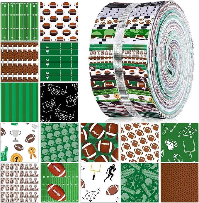 Ganeen 100 Pcs Football Quilting Fabric Roll 2.56 Inch Fabric Squares Jelly Patchwork Precut Strips Bundles for Holiday Materials Craft DIY Sewing Cloths