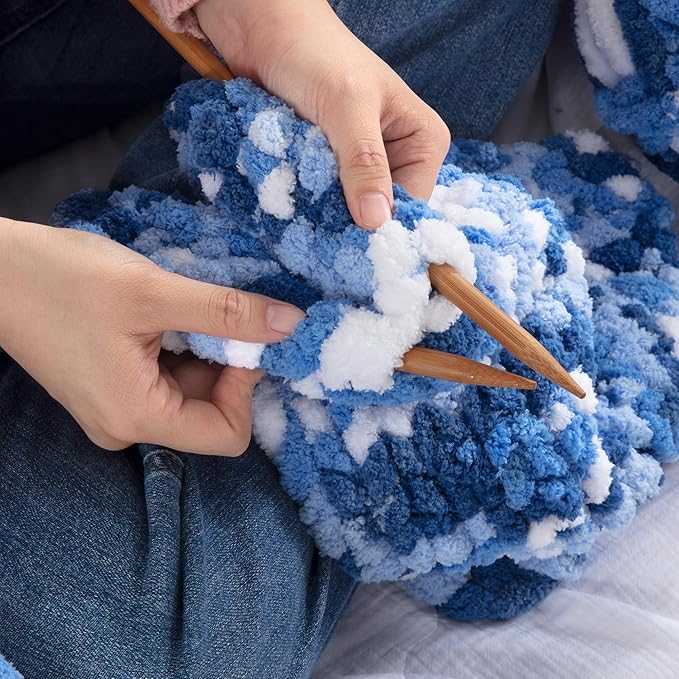 Hombys 8 Pack Giant Chunky Yarn for Crocheting/Hand Knitting, Super Bulky Soft Fluffy Tie Dye Plush Fuzzy Mixed Color Thick Chenille Yarn (Blue, Light Blue, White)