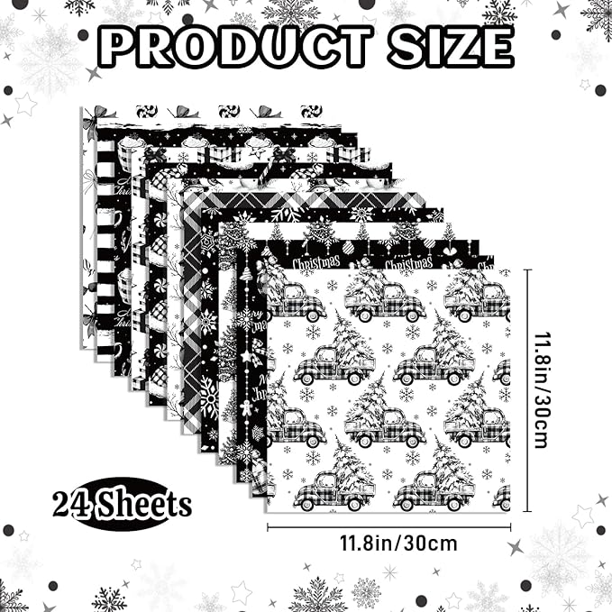24 Sheets Christmas Scrapbook Paper 12'' × 12'' Double-Sided Xmas Black Plaid Pattern Paper Decorative Art Cardstock for Holiday DIY Crafts Card Making Scrapbook Supplies